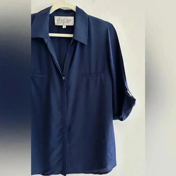 Rory Beca 100% Silk Camp Double Breast Pocket Button Down Shirt, Navy Blue - Picture 3 of 16